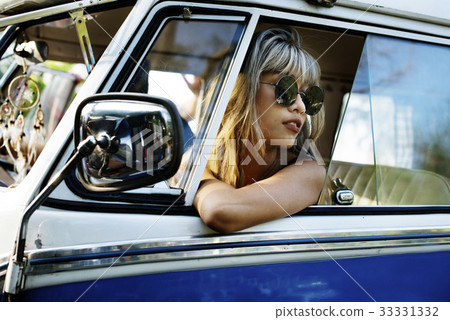 Woman Sitting in Front Seat of The Car Road Trip Travel 33331332
