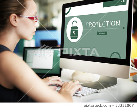 Woman with illustration of computer security system Woman with illustration of computer security system 33331807