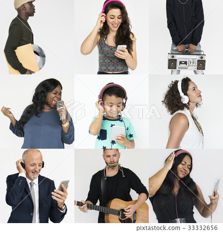 Set of Diversity People Listening Music Studio Collage Set of Diversity People Listening Music Studio Collage 33332656
