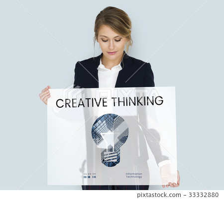 Woman holding banner of creative ideas digital technology light bulb Woman holding banner of creative ideas digital technology light bulb 33332880