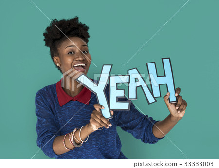 Smiling African Woman Holding Yeah Word Smiling African Woman Holding Yeah Word 33333003