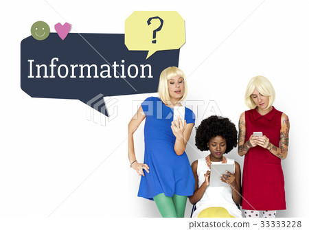 trendy women friends using digital devices with customer service word 33333228