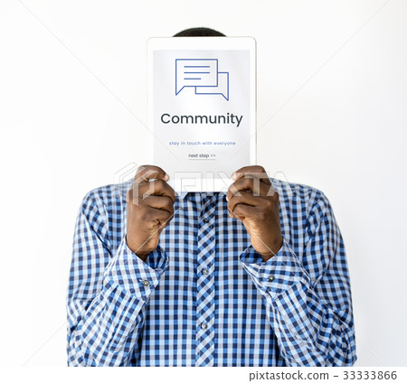 Man working on network graphic overlay digital device covering face Man working on network graphic overlay digital device covering face 33333866