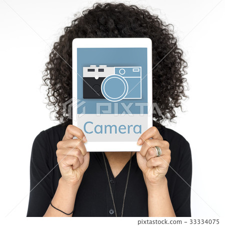 Illustration of camera collect the memories on digital tablet 33334075