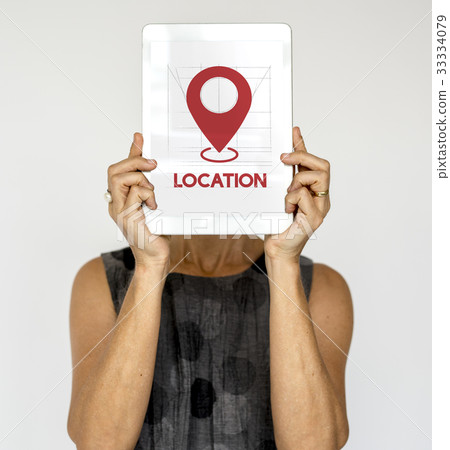 Woman holding network graphic overlay digital device covering face 33334079