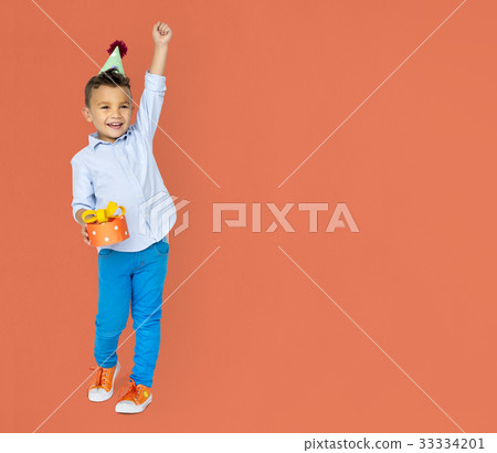 Little Boy Wearing Party Hat Hand Holding Gift Studio Portrait 33334201