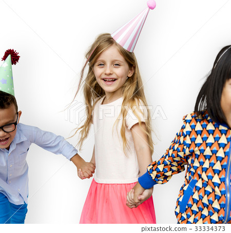 Diverse Group Of Kids Holding Hands in Festive Hat 33334373