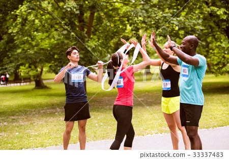 Group of young fit friends happy after finishing Group of young fit friends happy after finishing 33337483