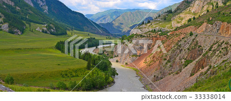 Muddy mountain river from melting snow flowing Muddy mountain river from melting snow flowing 33338014