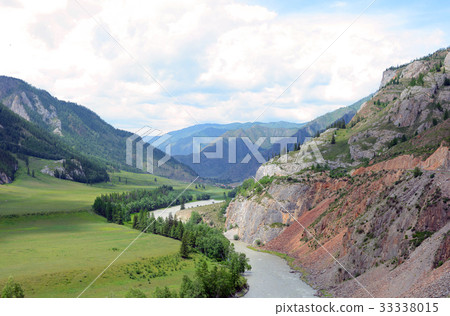 Muddy mountain river from melting snow flowing Muddy mountain river from melting snow flowing 33338015