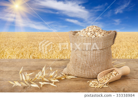 oat flakes in bag on nature background oat flakes in bag on nature background 33338984