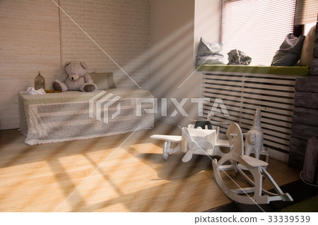 Wooden toy airplane and horses on the floor Wooden toy airplane and horses on the floor 33339539