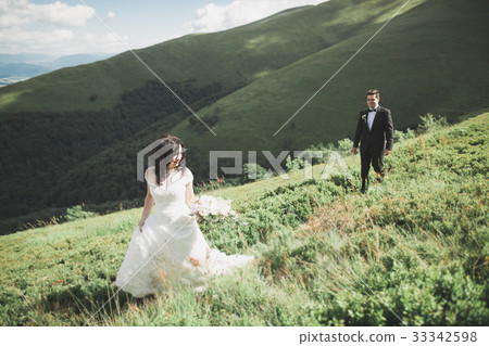 Young newly wed couple, bride and groom kissing 33342598