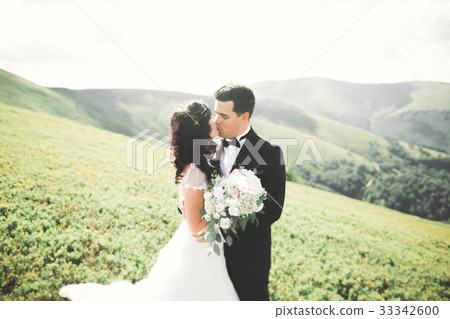 Kissing wedding couple staying over beautiful 33342600