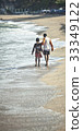 Two asian boys walking on the beach. 33349122