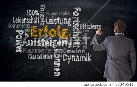 Businessman writes Erfolg, Aufsteigen, Fortschritt (in german su 33349511
