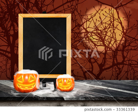 Blackboard on grunge plank wooden and pumpkin 33361339