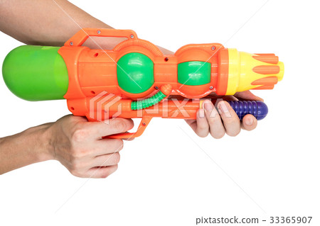 Hands holding gun water toy on white background. Hands holding gun water toy on white background. 33365907