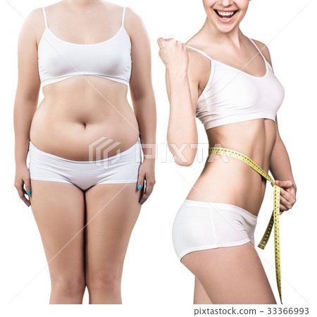 Woman's body before and after weight loss. 33366993