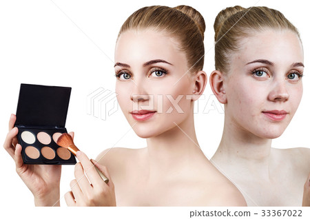 Young woman before and after contouring makeup. Young woman before and after contouring makeup. 33367022