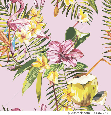 Seamless pattern with tropical Flowers, Coconut - Stock Illustration ...