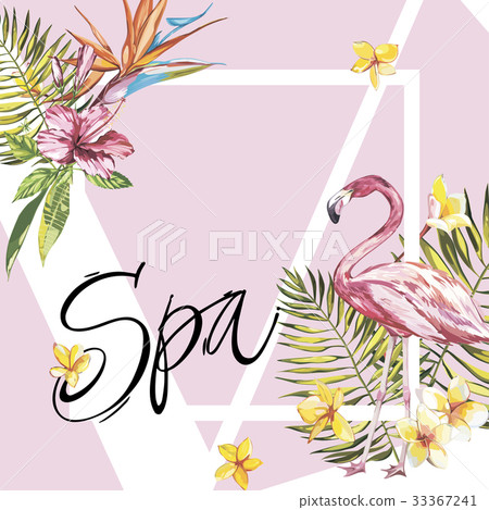 Banner, poster with flamingo, palm leaves, jungle Banner, poster with flamingo, palm leaves, jungle 33367241