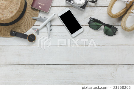 Top view women accessories to travel concept. 33368205