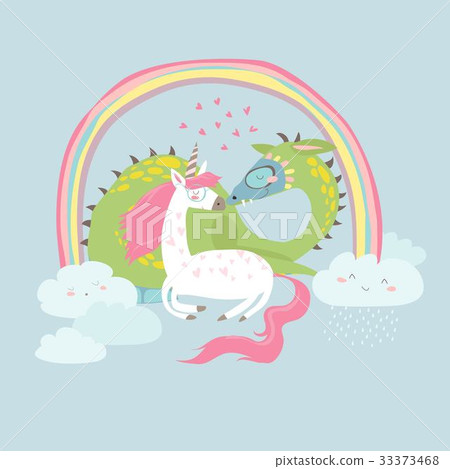 Cute cartoon dragon with unicorn 33373468