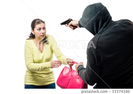 Armed robber and victim with a bag on a white Armed robber and victim with a bag on a white 33374380
