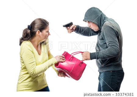 Thief threatens a victim with a gun, steals a bag Thief threatens a victim with a gun, steals a bag 33374381