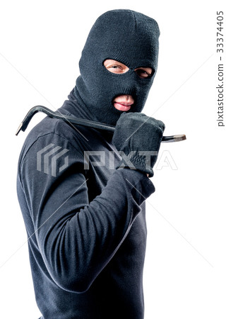 Robber with a crowbar in black clothes on a white Robber with a crowbar in black clothes on a white 33374405