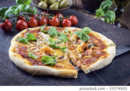 Seafood Pizza on old Backing Sheet Seafood Pizza on old Backing Sheet 33374958