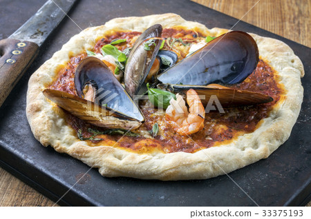 Seafood Pizza on Metal Sheet Seafood Pizza on Metal Sheet 33375193