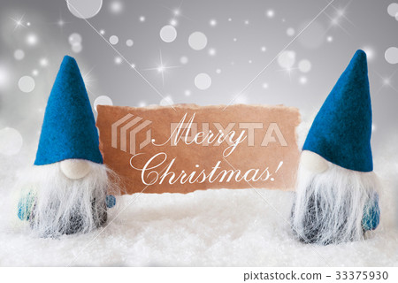 Blue Gnomes With Card, Text Merry Christmas 33375930