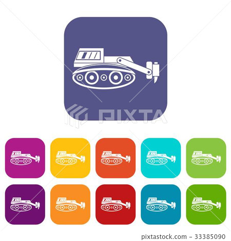 Excavator with hydraulic hammer icons set flat Excavator with hydraulic hammer icons set flat 33385090