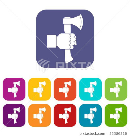 Hand holding axe with wooden handle icons set flat Hand holding axe with wooden handle icons set flat 33386216