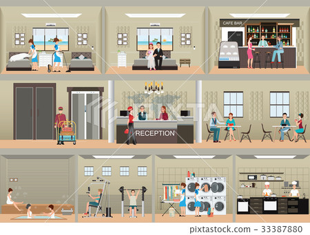 Hotel interior set with reception. 33387880