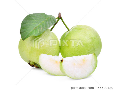 two whole and slice of guava fruit with green leaf 33390480