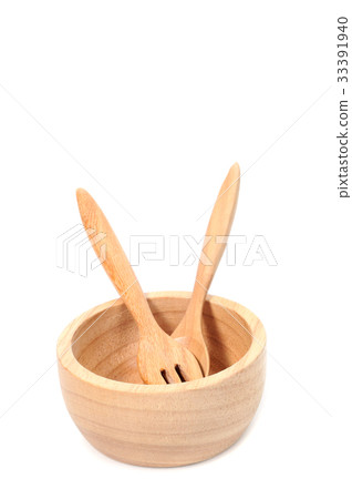 Wooden bowl with fork and spoon set Wooden bowl with fork and spoon set 33391940