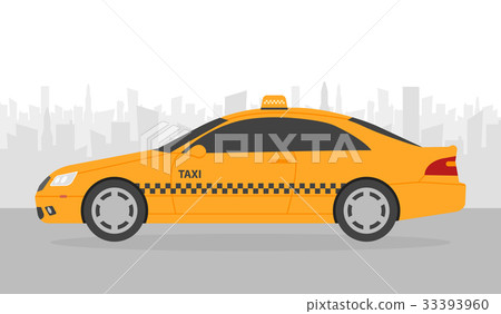 Yellow taxi car in front of city silhouette 33393960