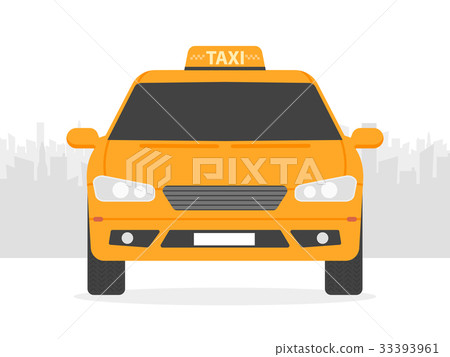 Yellow taxi car in front of city silhouette 33393961