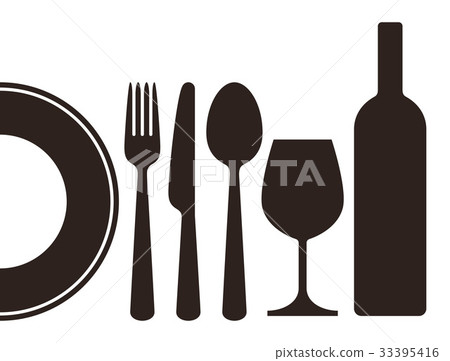 Bottle, wineglass, plate, knife, fork and spoon 33395416
