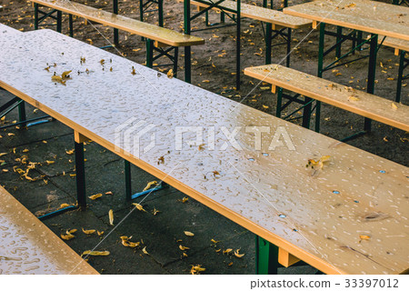 Empty beer garden in fall without guest due to Empty beer garden in fall without guest due to 33397012