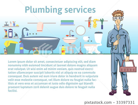 Plumbing services. Plumber man holding a wrench Plumbing services. Plumber man holding a wrench 33397331