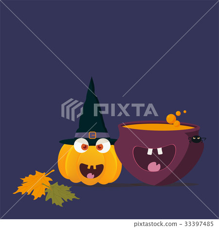 Happy Witch Cauldron with Boiling Soup or potion mascot and Halloween Pumpkin or Squash.  33397485