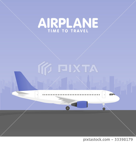 Airplane in the sky. Urban city silhouette 33398179