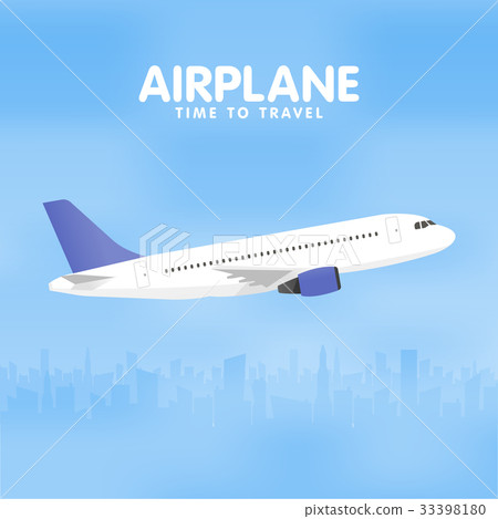 Airplane in the sky. Urban city silhouette 33398180