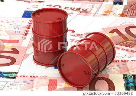Red barrels of oil lie on the background of euro 33399458