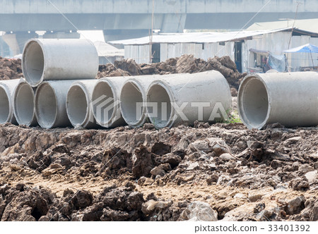 Concrete pipes row. Concrete pipes row. 33401392