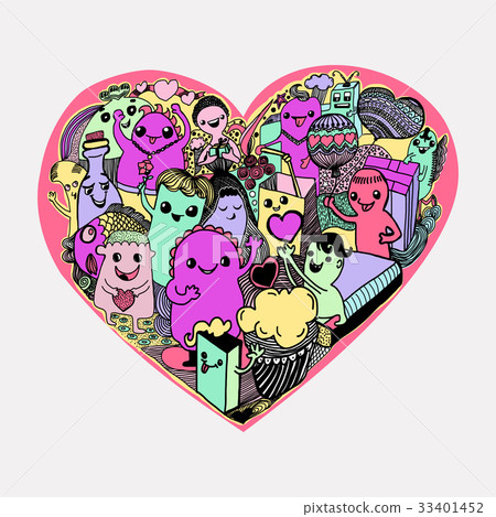 cartoon Hearts  Pattern hand-drawn kawaii monsters 33401452